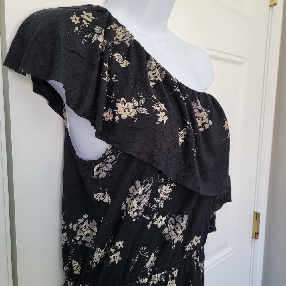 NWT Lucky Brand One Shoulder Ruffled Black Floral Dress Knee Length Size Small - Picture 6 of 13